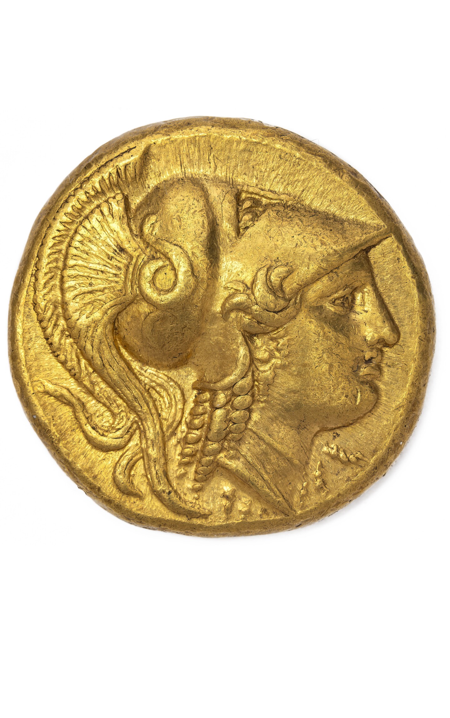 Antike goldene Münze mit Profilporträt und Lorbeerkranz