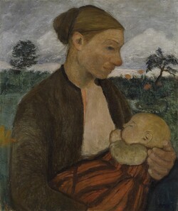 Gemälde einer Mutter mit Säugling im Arm vor ländlicher Landschaft