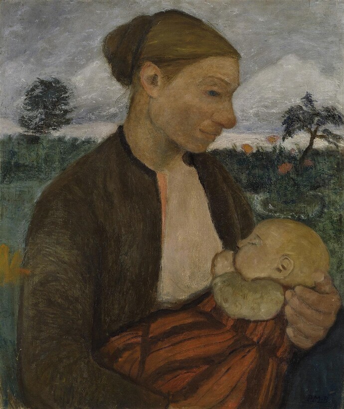 Gemälde einer Mutter mit Säugling im Arm vor ländlicher Landschaft
