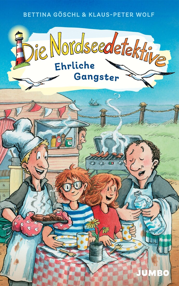 Kinderbuchcover: Zwei Kinder grillen gemeinsam mit zwei Erwachsenen vor einer Imbissbude