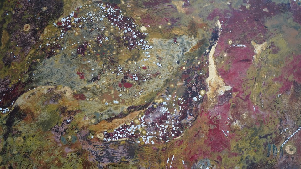 Truong Công Tùng, Day Wanes… Night Waxes, 2025 – ongoing, Detail: laquer on wood, egg shells, silver leaf, gold leaf, time and temperature, Series of 4 lacquer paintings, 160 x 90 x 5 each, Courtesy of the artist