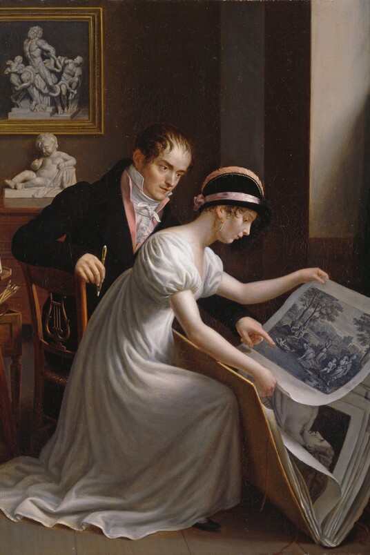 Joseph-François Ducq (1762 - 1829), Ein Paar, das Stiche betrachtet, Hamburger Kunsthalle / bpk, Foto: Elke Walford