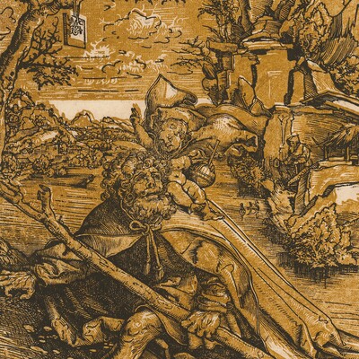 Lucas Cranach d. Ä, ehemals zugeschrieben (1472-1553), Hl. Christopherus, 1509, Farbholzschnitt von zwei Druckstöcken in Schwarz (Zeichenstock) und Ocker (Farbstock); Chiaroscuro, Hamburger Kunsthalle, Kupferstichkabinett