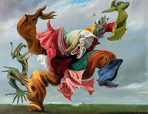 Max Ernst (1891–1976), Der Hausengel (Der Triumph des Surrealismus), 1937, Öl auf Leinwand, 114,2 x 146,5 cm, Collection Hersaint © Vincent Everarts Photography Brussels / VG Bild-Kunst, Bonn 2025 Max Ernst (1891–1976), Der Hausengel (Der Triumph des Surrealismus), 1937, Öl auf Leinwand, 114,2 x 146,5 cm, Collection Hersaint © Vincent Everarts Photography Brussels / VG Bild-Kunst, Bonn 2025