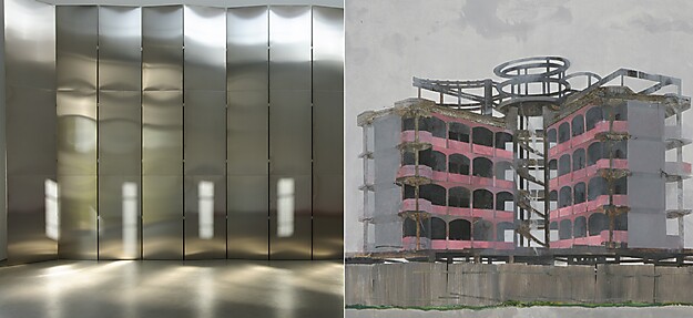 links: Installationsansicht Thea Djordjadze, portio n. Portikus, Fankfurt a.M, Foto, Diana Pfammatter, rechts: Detail, Edi Hila, House Surrounded by Wall, 2000, (c) Edi Hila, Foto: Rebecca Fanuele 