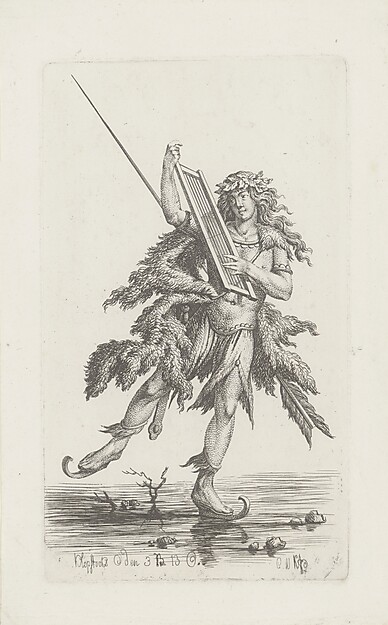 Carl Wilhelm Kolbe, d. Ä.  Schlittschuhläufer im Kostüm eines alten Barden, 1793–1794  Radierung, 18,6 × 11,4 cm Kupferstichkabinett © Hamburger Kunsthalle / bpk  Foto: Christoph Irrgang 