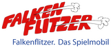 Falkenflitzer Logo in Rot mit Schriftzug "Falkenflitzer. Das Spielmobil"
