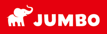 Weißes Elefanten-Logo mit dem Schriftzug JUMBO auf rotem Hintergrund